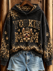 Women's Yorkie Mom Peeking Dog Glitter Leopard Print Hoodie gracestitchs