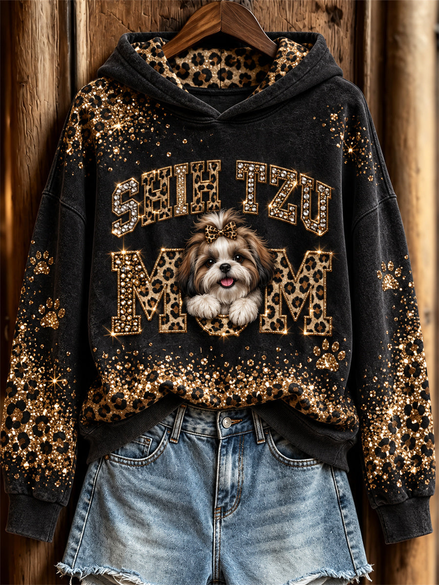 Women's Shih Tzu Mom Peeking Dog Glitter Leopard Print Hoodie gracestitchs