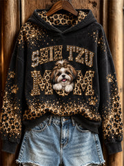 Women's Shih Tzu Mom Peeking Dog Glitter Leopard Print Hoodie gracestitchs
