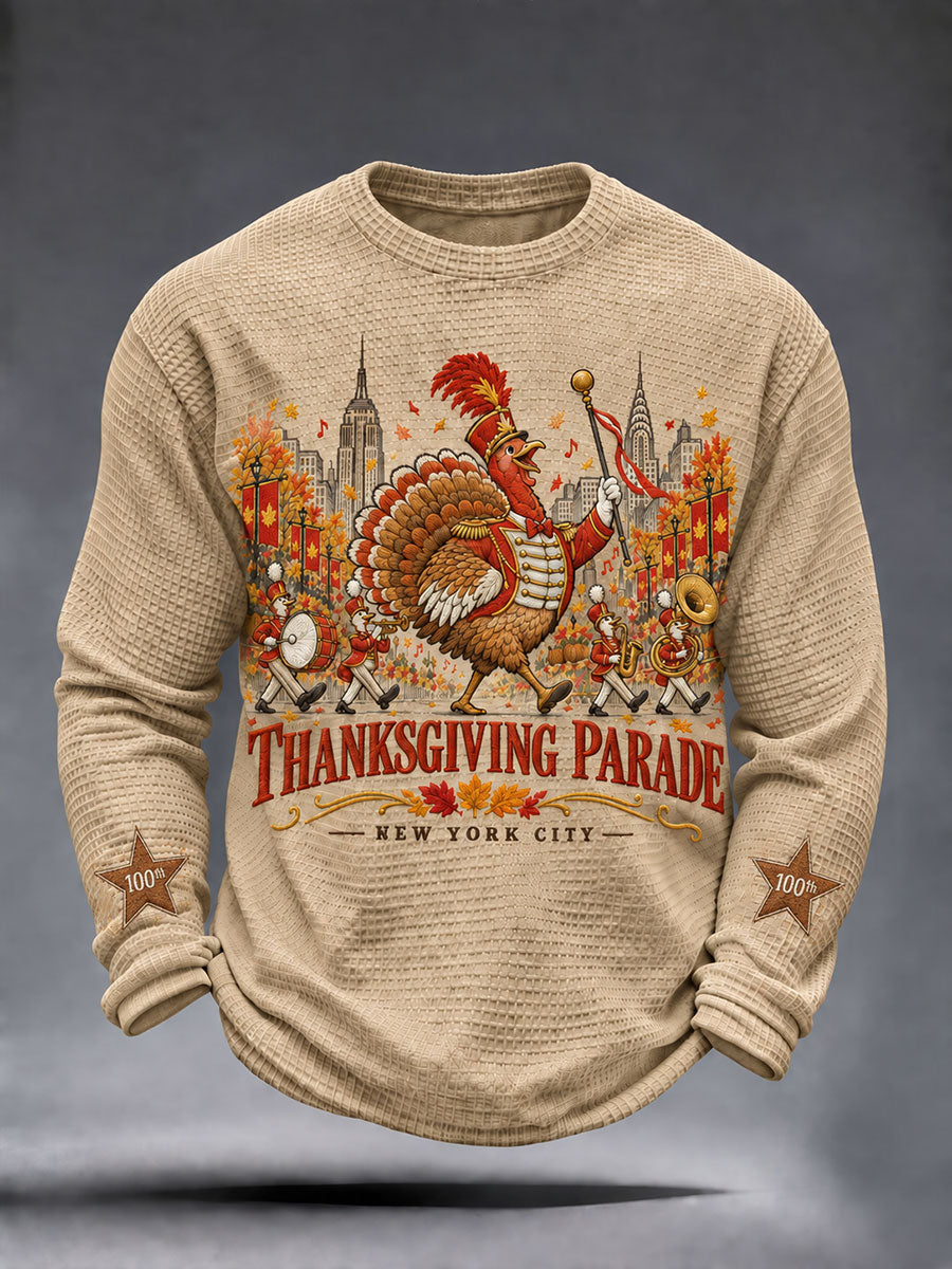 Men's Thanksgiving Day Parade Commemorative Print Casual Waffle Long Sleeve T-Shirt gracestitchs