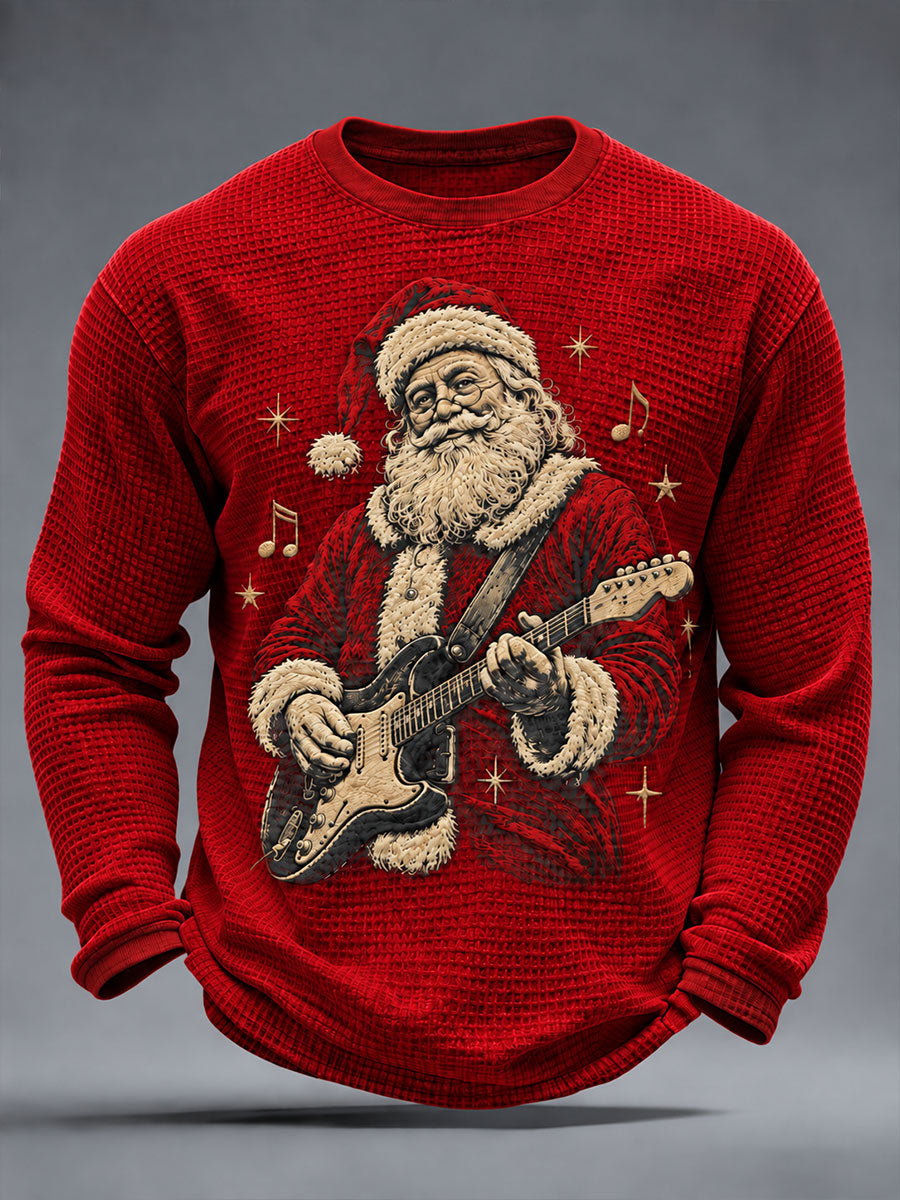 Men's Guitar Rock Santa Print Waffle Long Sleeve T-Shirt gracestitchs