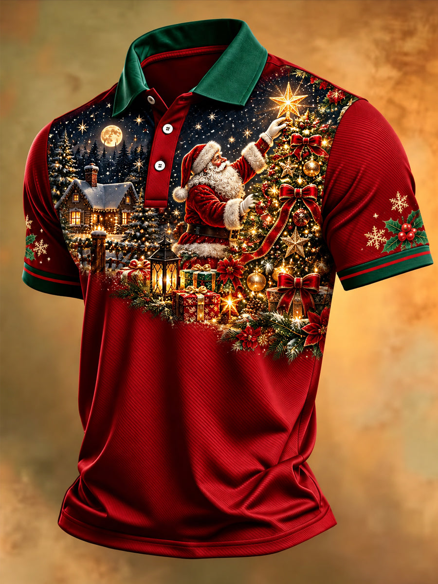 Men's Christmas Santa Claus Print Casual Polo Shirt gracestitchs