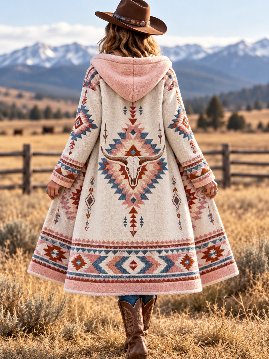 Women's Western Aztec Bull Skull Print Casual Long Flannel Cardigan gracestitchs