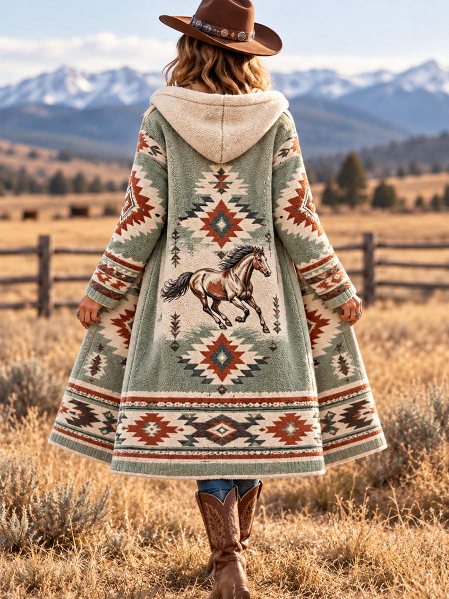 Women's Western Aztec Horse Print Casual Long Flannel Cardigan gracestitchs