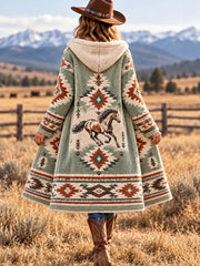 Women's Western Aztec Horse Print Casual Long Flannel Cardigan gracestitchs