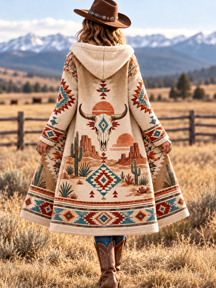 Women's Western Aztec Bull Skull Print Casual Long Flannel Cardigan gracestitchs