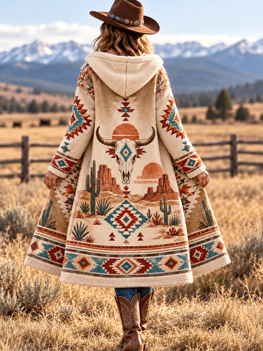 Women's Western Aztec Bull Skull Print Casual Long Flannel Cardigan gracestitchs
