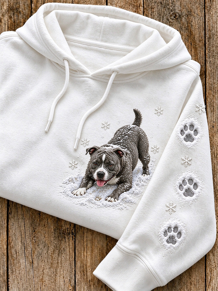 Women's Snowy Winter AmStaff Dog In the Snow Print Hoodie gracestitchs