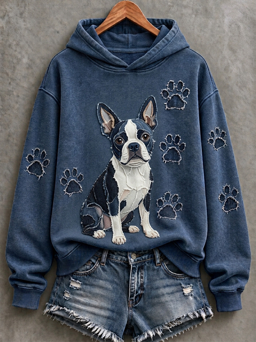 Women's Boston Terrier & Paw Prints Patchwork Print Casual Hoodie gracestitchs