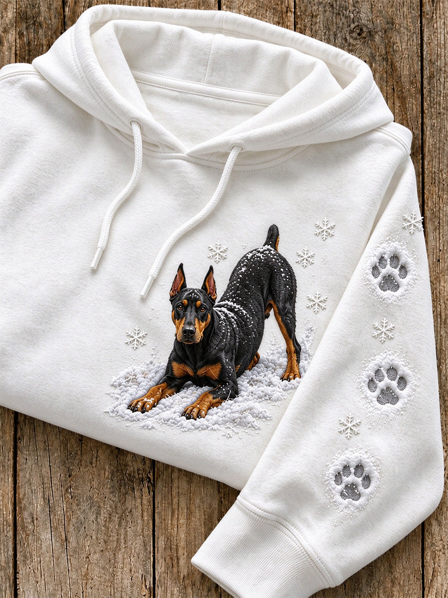 Women's Snowy Winter Doberman Pinscher Dog In the Snow Print Hoodie gracestitchs