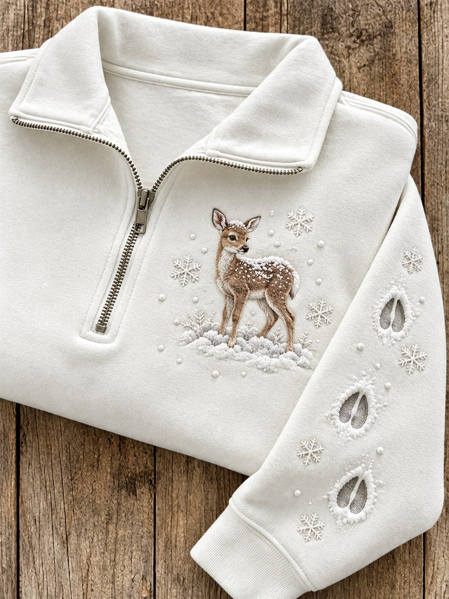Women's Snowy Winter Deer in the Snow Print Zip Up Sweatshirt gracestitchs