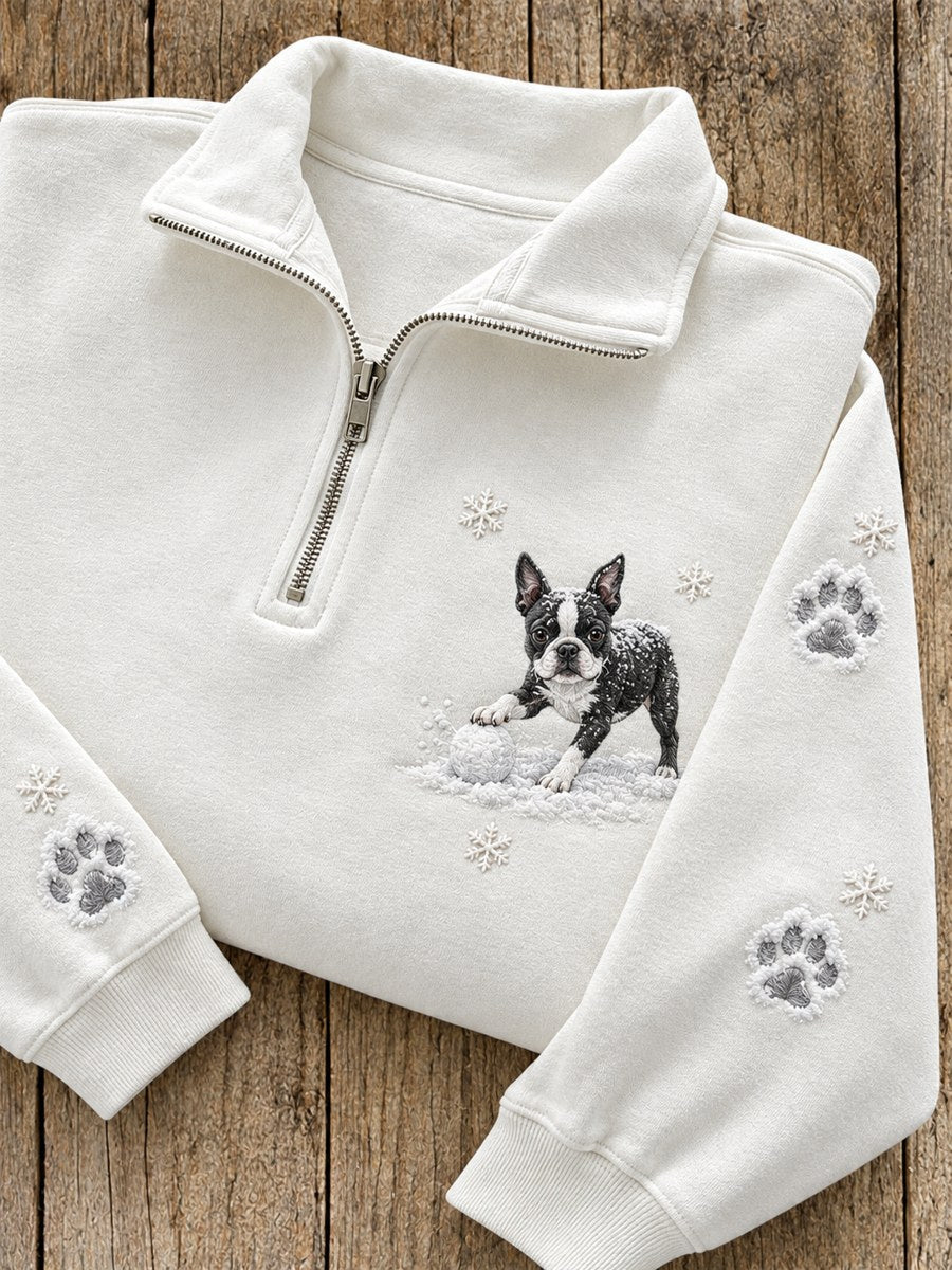 Women's Snowy Winter Boston Terrier Dog in the Snow Print Zip Up Sweatshirt gracestitchs